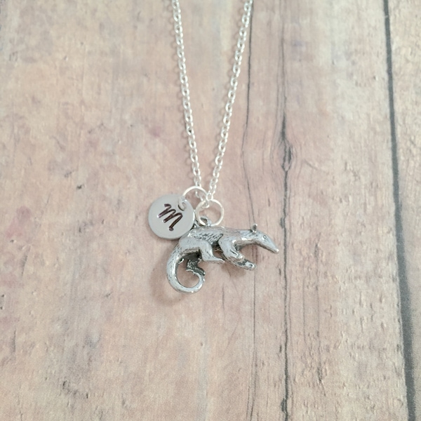 Anteater initial necklace - anteater jewelry, zoo animal jewelry, South America jewelry, anteater necklace, animal necklace, anteater gift