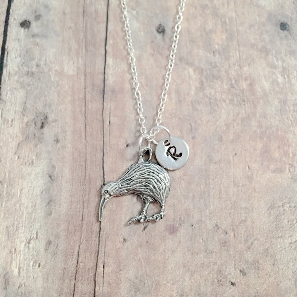 Kiwi initial necklace - kiwi jewelry, New Zealand jewelry, bird jewelry, kiwi necklace, New Zealand necklace, kiwi bird pendant, kiwi gift
