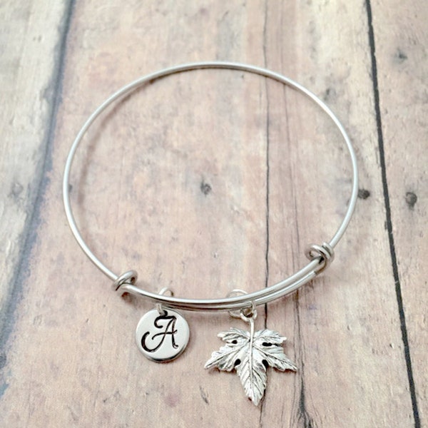 Maple leaf initial bangle - maple leaf jewelry, Canadian jewelry, maple leaf bracelet, Canada bangle, maple leaf pendant, leaf bangle