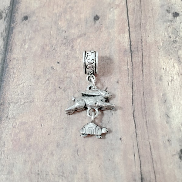 Tortoise and hare pendant (1 piece) - silver tortoise and hare charm, storybook charm, rabbit charm, tortoise and hare gift, turtle pendant