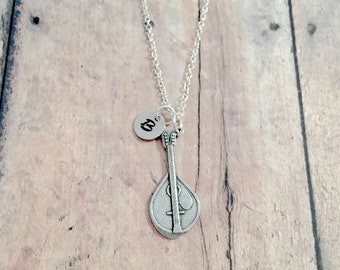 Lute initial necklace - lute jewelry, music jewelry, string instrument jewelry, music necklace, lute pendant, lute necklace, lute gift