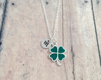 Four Leaf Clover Initial Necklace: Good Luck Jewelry, St. Patrick's Day Necklace