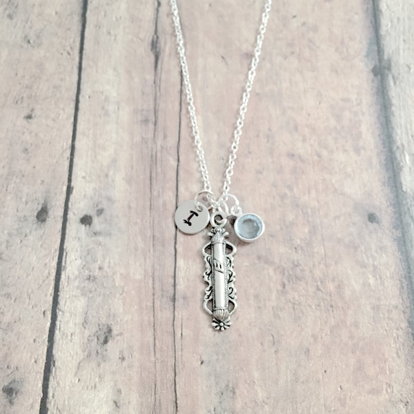 Mezuzah initial necklace - mezuzah jewelry, Judaic jewelry, doorpost jewelry, Shema Yisrael necklace, Jewish jewelry, mezuzah necklace