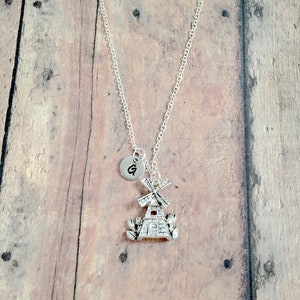 Windmill initial necklace - windmill jewelry, Holland jewelry, Europe jewelry, windmill necklace, Netherlands necklace, windmill gift