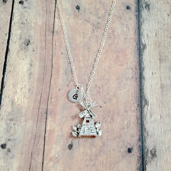 Windmill initial necklace - windmill jewelry, Holland jewelry, Europe jewelry, windmill necklace, Netherlands necklace, windmill gift