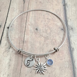Edelweiss initial bangle - edelweiss jewelry, flower jewelry, nature jewelry, edelweiss bangle, flower bangle, edelweiss gift, Swiss bangle