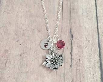 Poinsettia initial necklace - poinsettia jewelry, Christmas jewelry, holiday jewelry, poinsettia necklace, holiday necklace, poinsettia gift