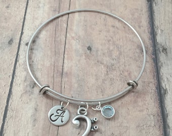 Bass clef initial bangle - bass clef jewelry, music jewelry, music teacher jewelry, bass clef bracelet, music teacher gift, bass clef gift