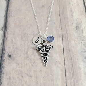Caduceus initial necklace - caduceus jewelry, medical symbol jewelry, nurse jewelry, caduceus necklace, nurse gift, caduceus gift, RN gift