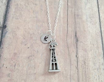 Oil derrick initial necklace - oil derrick jewelry, Texas jewelry, oilfield jewelry,  oil well necklace, roughneck necklace, oil rig jewelry