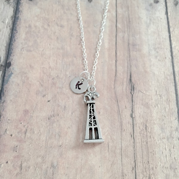 Oil derrick initial necklace - oil derrick jewelry, Texas jewelry, oilfield jewelry,  oil well necklace, roughneck necklace, oil rig jewelry