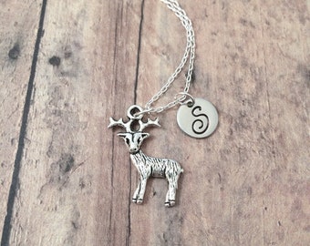Reindeer initial necklace - reindeer jewelry, woodland jewelry, silver deer pendant, winter necklace, Christmas necklace, deer necklace