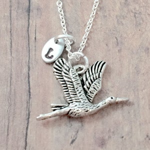 Crane initial necklace crane jewelry, heron jewelry, bird jewelry, crane necklace, heron necklace, crane gift, heron gift, bird necklace image 2