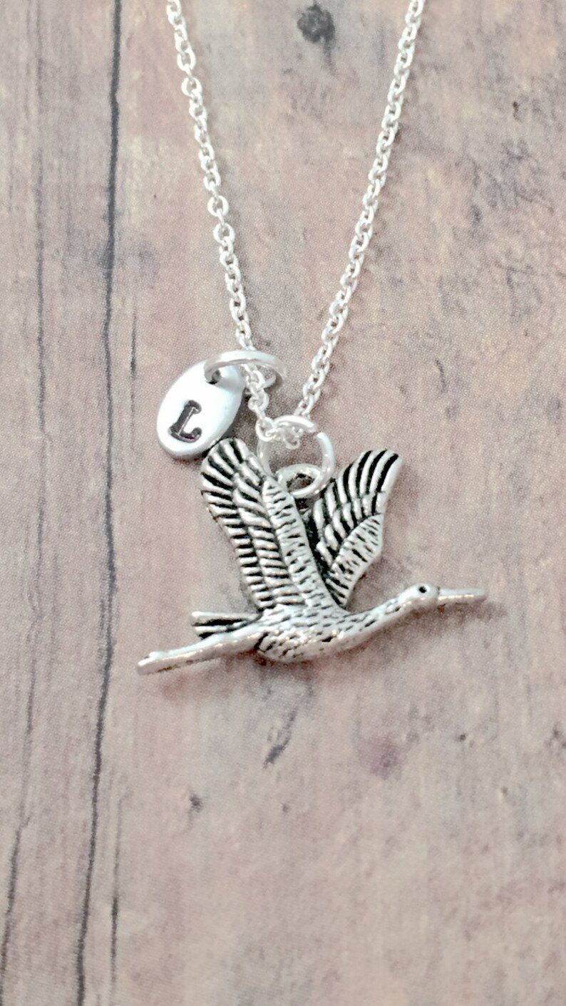 Crane initial necklace crane jewelry, heron jewelry, bird jewelry, crane necklace, heron necklace, crane gift, heron gift, bird necklace image 2