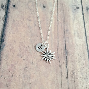 Edelweiss Flower Initial Necklace: Silver Plated Switzerland Jewelry
