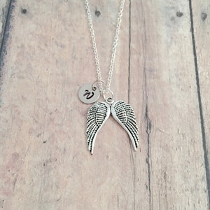 Angel wings initial necklace - angel wings jewelry, memorial jewelry, religious jewelry, angel wings necklace, angel wings gift, angel gift
