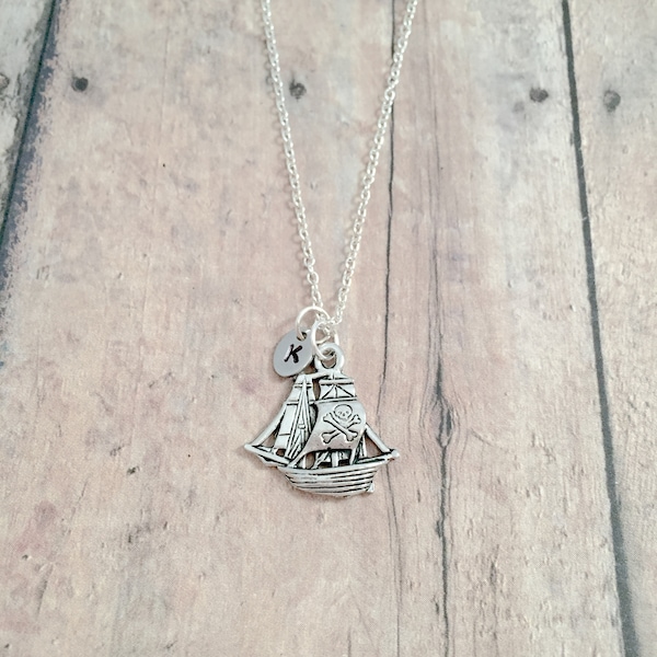 Pirate ship initial necklace - pirate ship jewelry, nautical jewelry, pirate ship necklace, pirate boat necklace, pirate ship gift