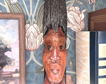 Vintage Hand Carved African Wood Bust Sculpture – Mid Century Tribal Head Statue Folk Art