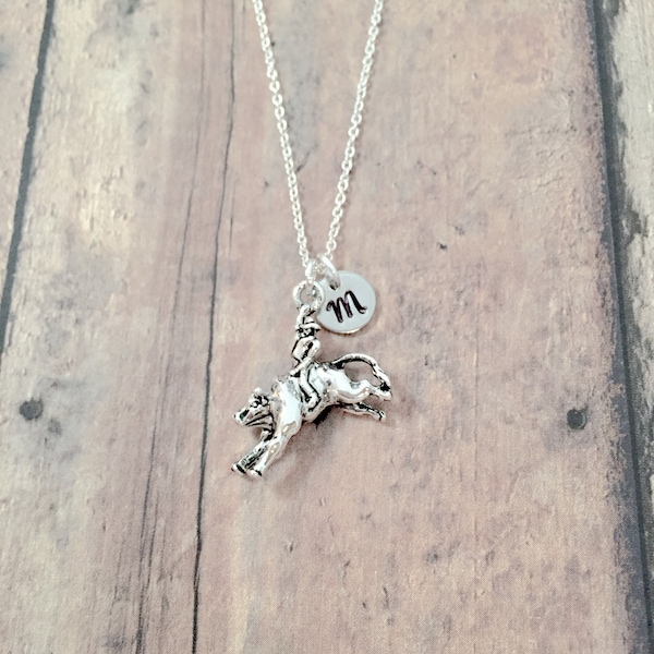 Bull riding initial necklace - bull riding jewelry, rodeo jewelry, western jewelry, bull necklace, rodeo necklace, western necklace