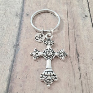Cross initial key ring - cross keychain, cross accessories, cross key ring, religious key ring, cross initial key ring, Christian key ring