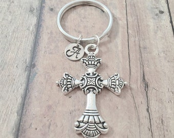 Cross initial key ring - cross keychain, cross accessories, cross key ring, religious key ring, cross initial key ring, Christian key ring