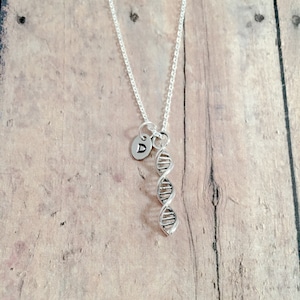 DNA initial necklace (sterling silver) - DNA jewelry, double helix jewelry, forensics jewelry,  DNA necklace, double helix necklace