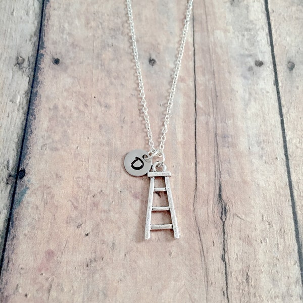 Ladder initial necklace - ladder jewelry, construction jewelry, home reno jewelry, silver ladder necklace, ladder pendant, ladder gift