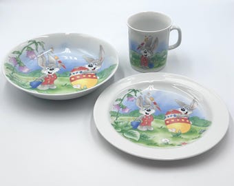 Vintage Bunny Child Dinner Set Plate Bowl Mug Easter Porcelain Germany