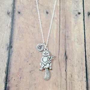 Beaver initial necklace - beaver jewelry, river jewelry, woodland jewelry, beaver pendant, lake necklace, beaver gift, beaver necklace