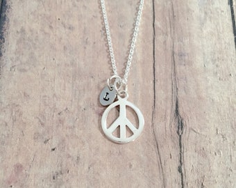 Peace initial necklace (sterling silver) - peace jewelry, peace symbol jewelry, peace sign jewelry, peace necklace, peace sign necklace