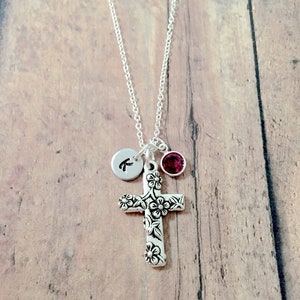 Cross initial necklace cross jewelry, religious jewelry, Christian jewelry, floral cross necklace, religious necklace, cross gift image 1
