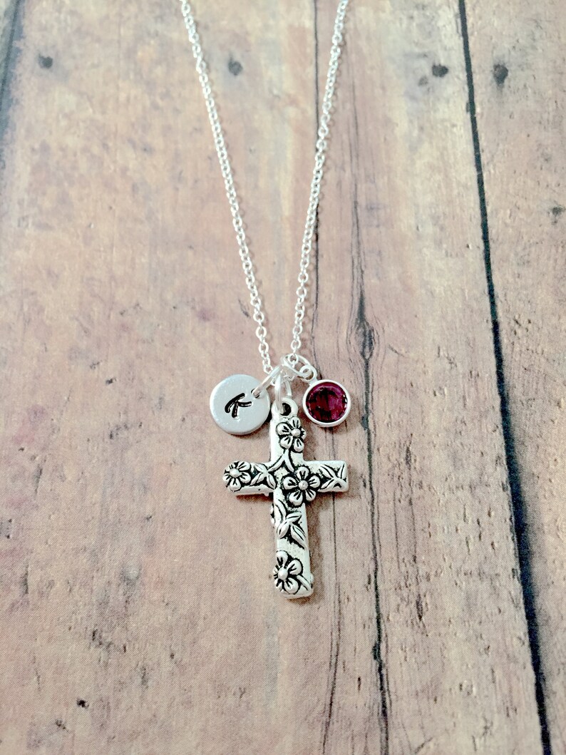 Cross initial necklace cross jewelry, religious jewelry, Christian jewelry, floral cross necklace, religious necklace, cross gift image 1