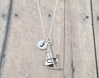 Windsurfing Initial Necklace: Water Sports Jewelry, Windsurfer Pendant