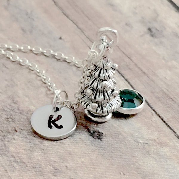 Christmas tree initial necklace - Christmas tree jewelry, holiday jewelry, winter jewelry, Christmas tree necklace, Christmas tree gift