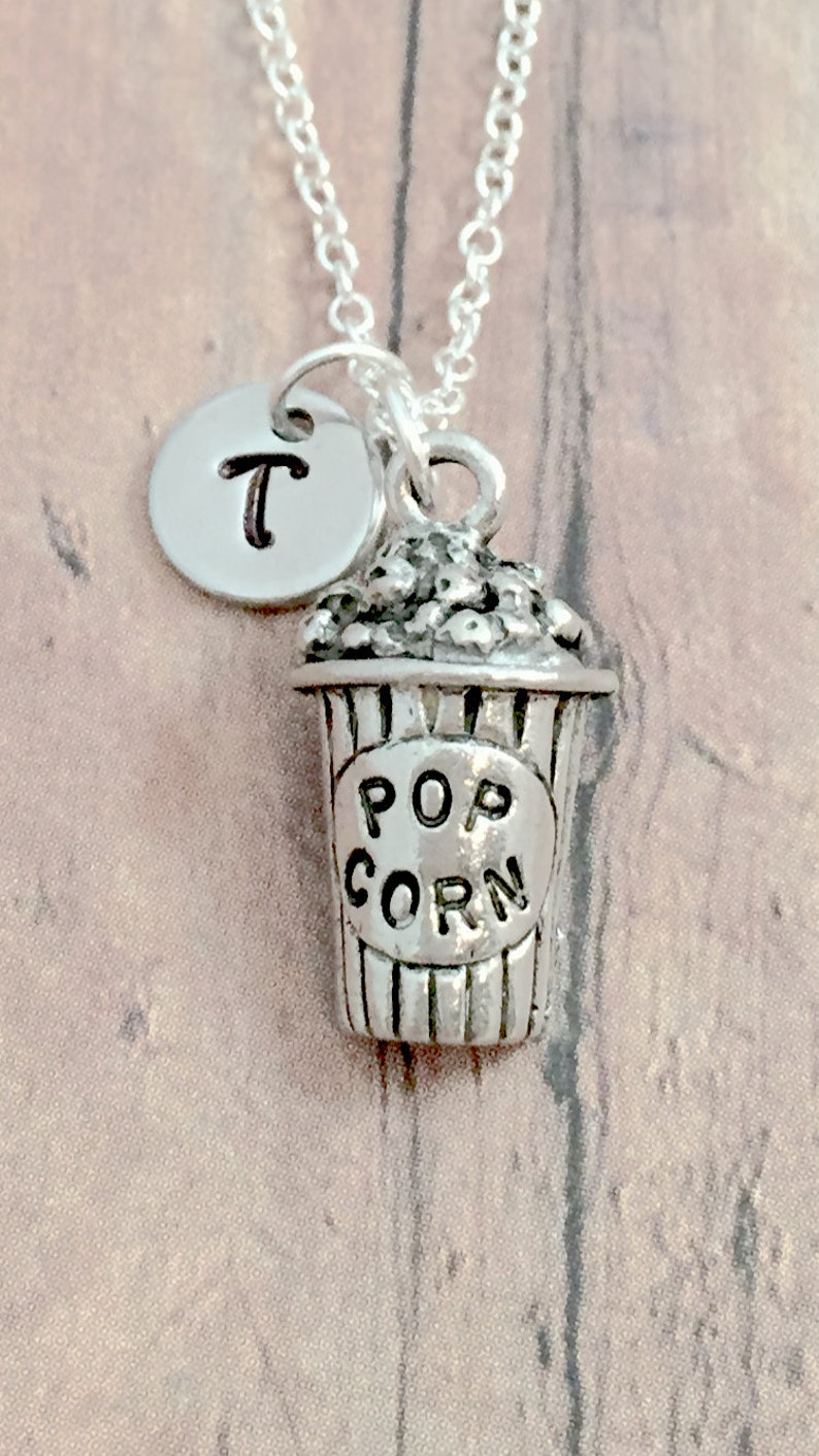 Popcorn Initial Necklace Popcorn Jewelry Movie Jewelry Etsy
