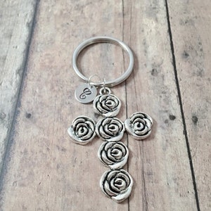 Rose cross initial key ring - rose key ring, cross key chain, floral cross key ring, religious key ring, cross accessories, rose gift