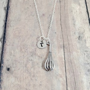 Whisk initial necklace - whisk jewelry, cooking jewelry, chef jewelry, baker necklace, whisk necklace, chef necklace, silver whisk pendant