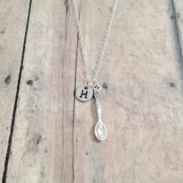 Fancy spoon initial necklace - spoon jewelry, utensil jewelry, silverware jewelry, spoon necklace, teaspoon pendant, spoon gift