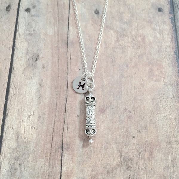 Mezuzah initial necklace - mezuzah jewelry, Judaic jewelry, doorpost jewelry, mezuzah necklace, Shema Yisrael necklace, mezuzah gift