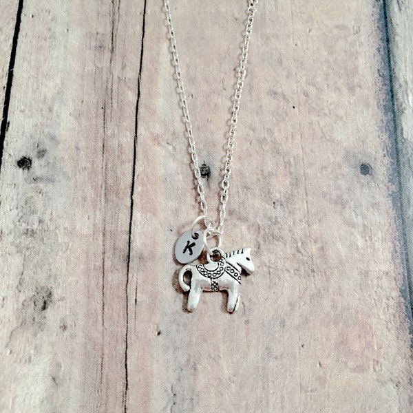 Tiny Dala horse initial necklace - Dala horse jewelry, Swedish jewelry, Sweden jewelry, Dala horse necklace, Swedish gift, Dala horse gift