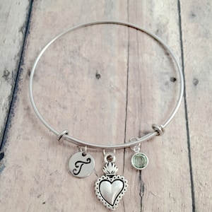 Milagro heart initial bangle - milagro heart jewelry, sacred heart jewelry, Mexican heart jewelry, milagro jewelry, sacred heart bracelet