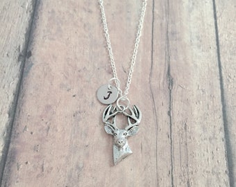 Deer initial necklace - deer jewelry, buck jewelry, woodland jewelry, deer head necklace, buck necklace, deer necklace, deer gift