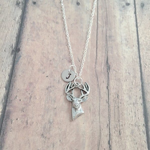 Deer initial necklace - deer jewelry, buck jewelry, woodland jewelry, deer head necklace, buck necklace, deer necklace, deer gift