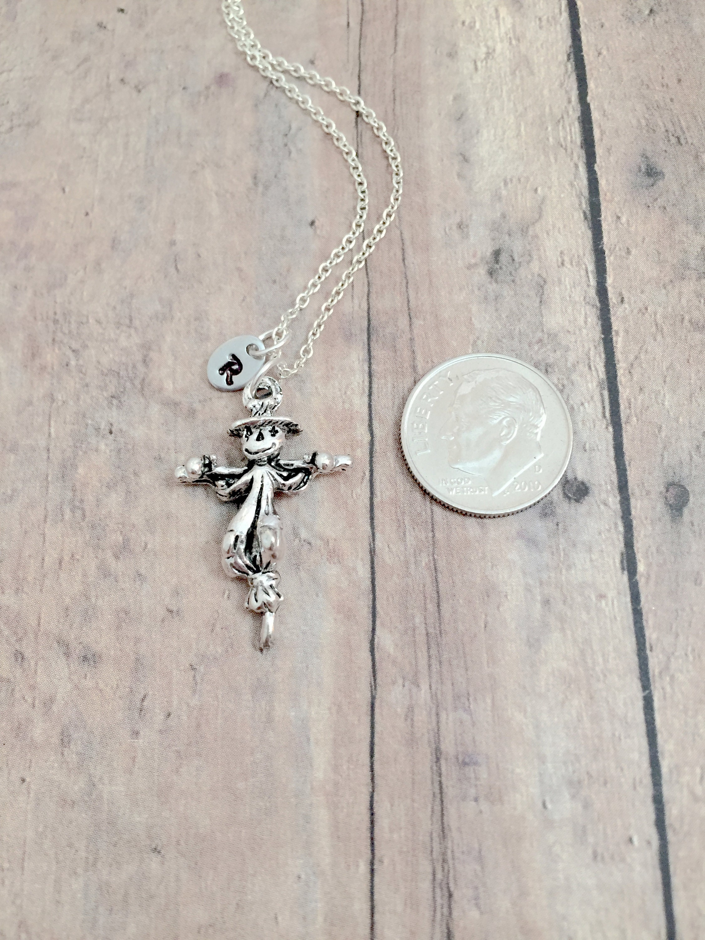 Scarecrow Initial Necklace - Scarecrow Jewelry, Fall Jewelry