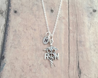 Registered Nurse initial necklace (sterling silver) - nurse jewelry, medical jewelry, RN jewelry, caduceus necklace, RN gift, nurse gift