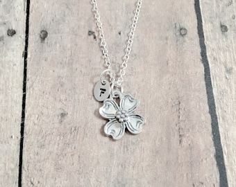 Dogwood Flower Initial Necklace: Floral Jewelry, Garden Necklace