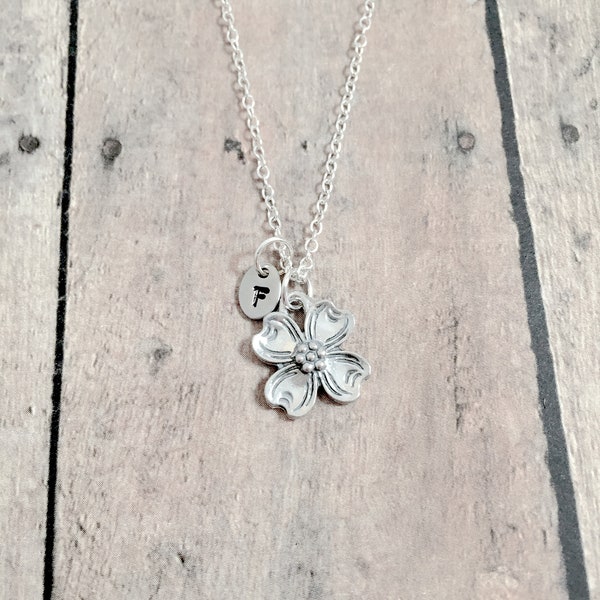 Dogwood flower initial necklace - dogwood jewelry, nature jewelry, garden jewelry, dogwood flower necklace, nature gift, dogwood gift