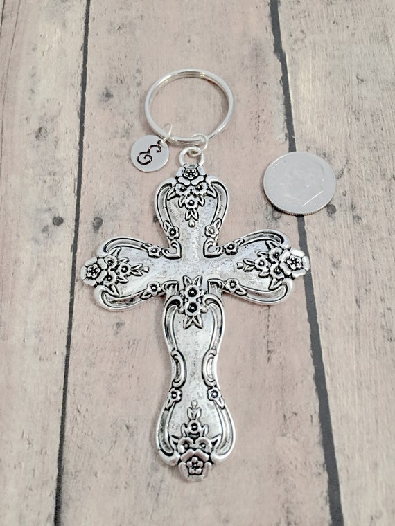 kimsjewelry Cross Initial Key Ring - Cross Keychain, Cross Accessories, Cross Key Ring, Religious Key Ring, Cross Pendant, Christian Keyring, Cross Gift