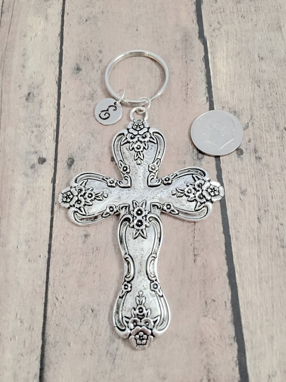 kimsjewelry Cross Initial Key Ring - Cross Keychain, Cross Accessories, Cross Key Ring, Religious Key Ring, Cross Pendant, Christian Keyring, Cross Gift