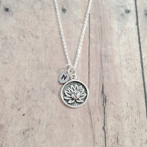 Lotus flower initial necklace (sterling silver) - lotus flower jewelry, nature jewelry, lotus jewelry, lotus flower necklace, lotus gift